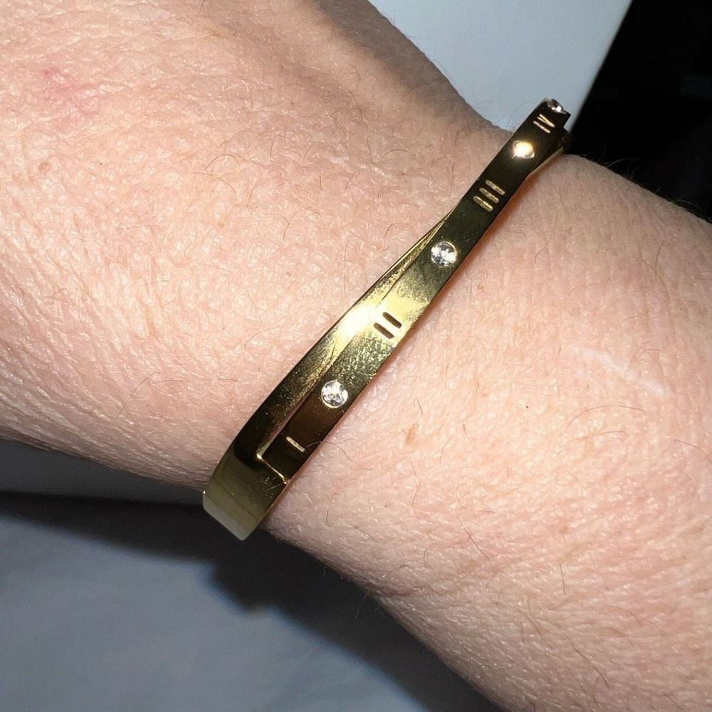 Gold Tone Roman Numerals and Crystal Bypass Bangle Bracelet - Picture 4 of 7